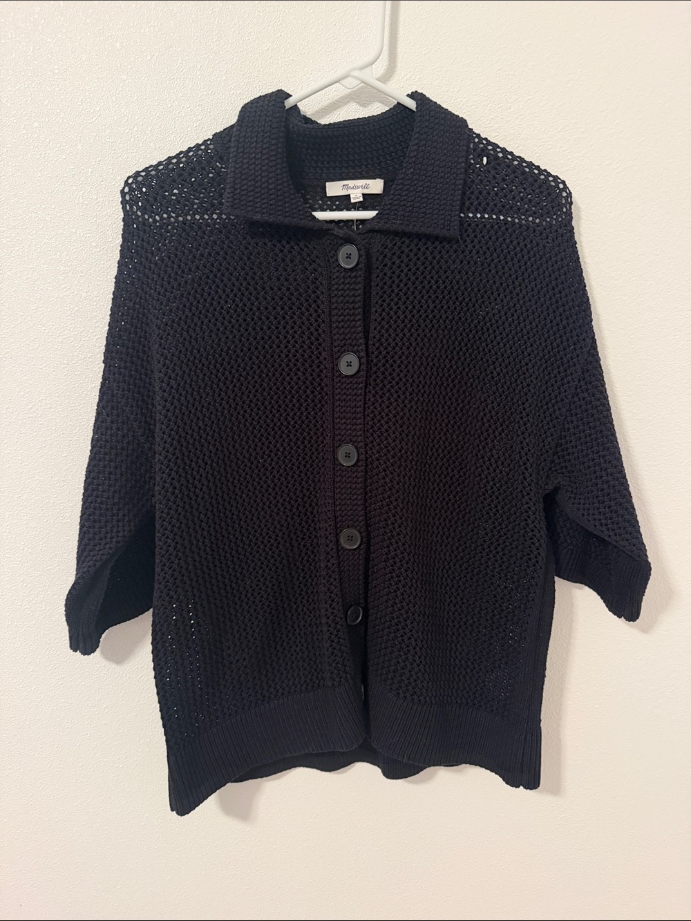 Madewell Black Open-Weave Button Front Cardigan